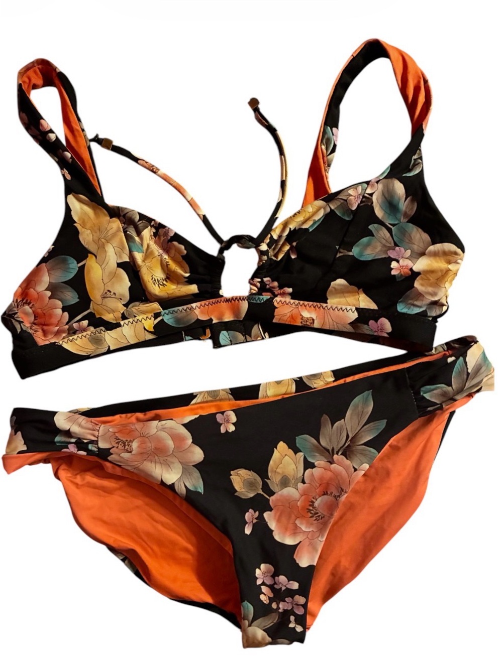 BECCA Black Floral Bikini with Orange Lining Sz med